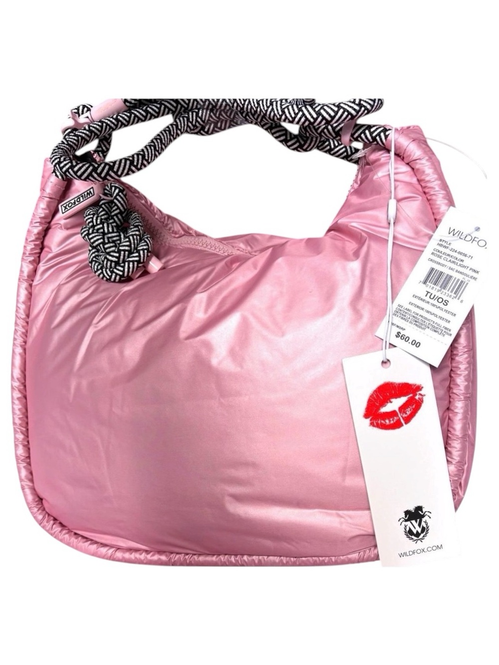 Wildfox Shiny Bubblegum Pink Shoulder Bag with Black-White Rope Strap